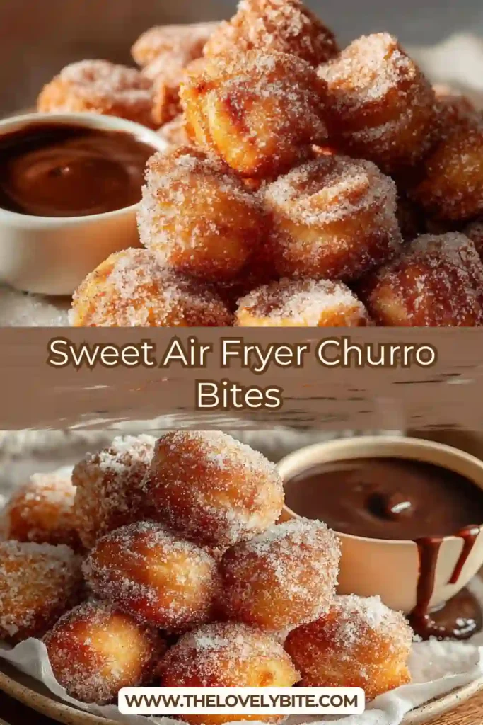 Air Fryer Churro Bites coated in cinnamon sugar served warm with dipping sauce on the side. The bites are golden brown and crispy.