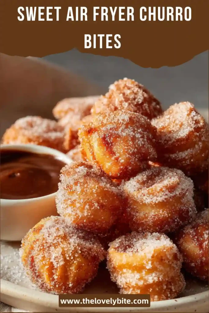 Close-up of homemade Air Fryer Churro Bites dusted with cinnamon sugar, showing soft interior and crisp exterior texture.