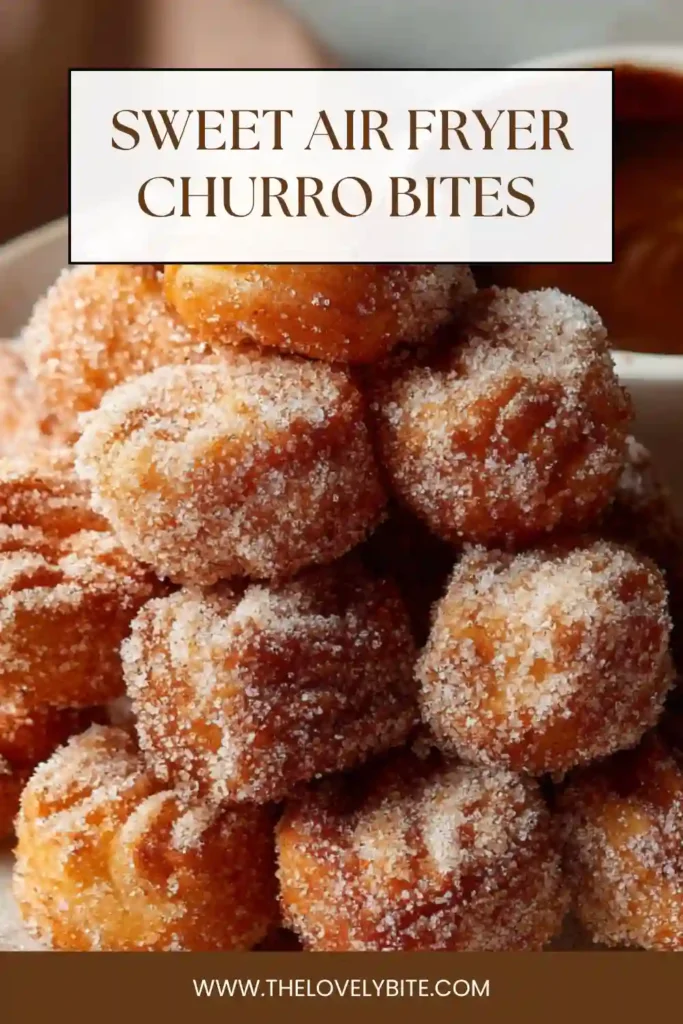 Freshly cooked Air Fryer Churro Bites arranged on a plate with chocolate dipping sauce, highlighting their golden color.
