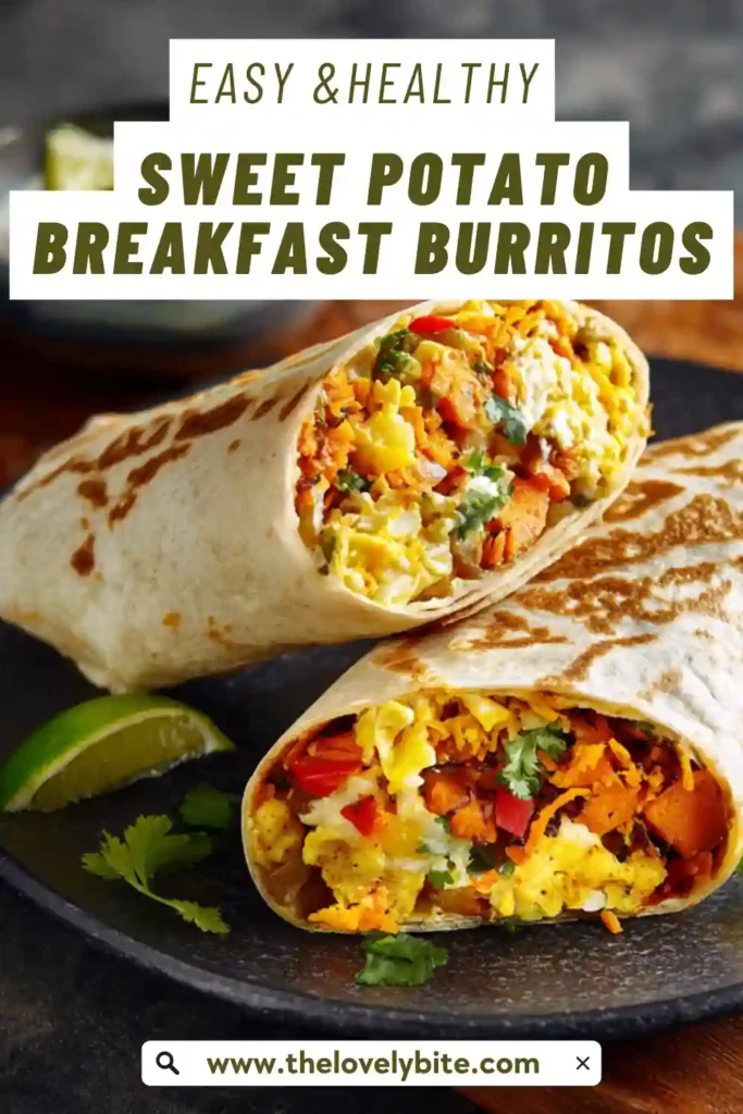 Freshly made Sweet Potato Breakfast Burritos stacked on a plate with visible layers of sweet potatoes, eggs, and greens. A nutritious breakfast idea.