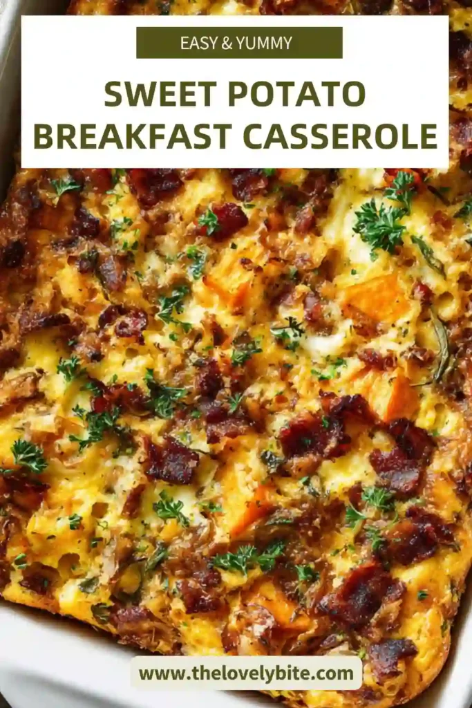 Healthy sweet potato breakfast casserole topped with avocado slices, showing fluffy eggs and colorful vegetables.