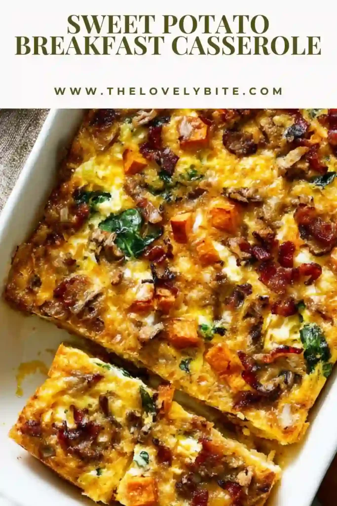 Close-up of a sweet potato egg casserole with spinach and peppers, highlighting its soft texture and golden top.