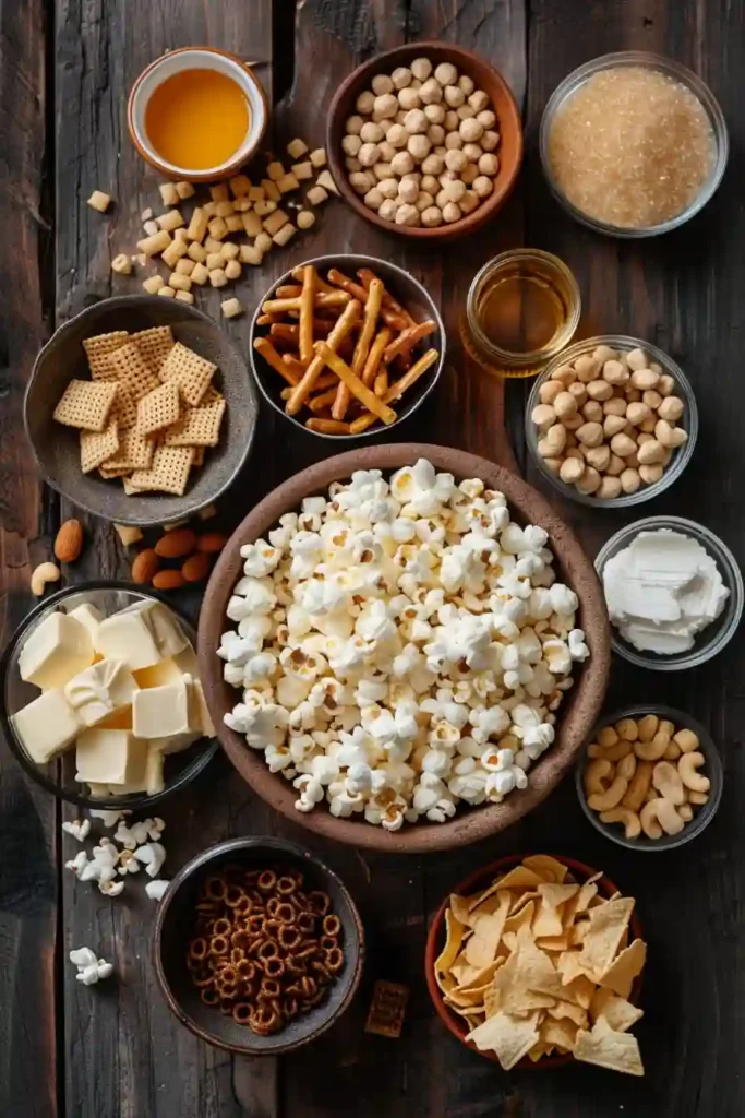 Freshly baked sweet and salty popcorn party mix with golden caramel glaze and crunchy snack mix ingredients.