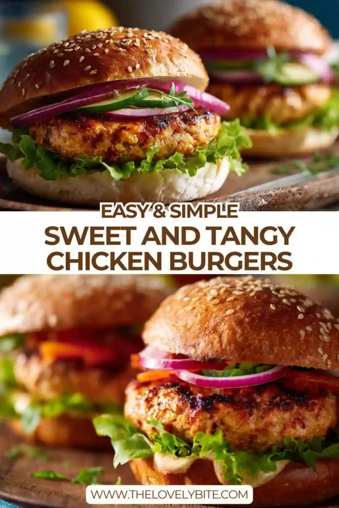 Sweet and tangy chicken burgers served on whole wheat buns with fresh lettuce, tomato, and cucumber slices. The burgers are glazed with pomegranate molasses for a rich finish.