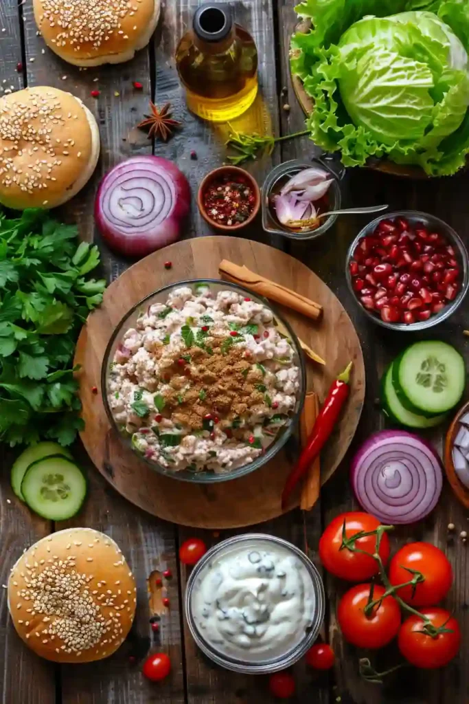 Homemade sweet and tangy chicken burgers with fresh herbs, yogurt-infused patties, and colorful toppings arranged on a plate.