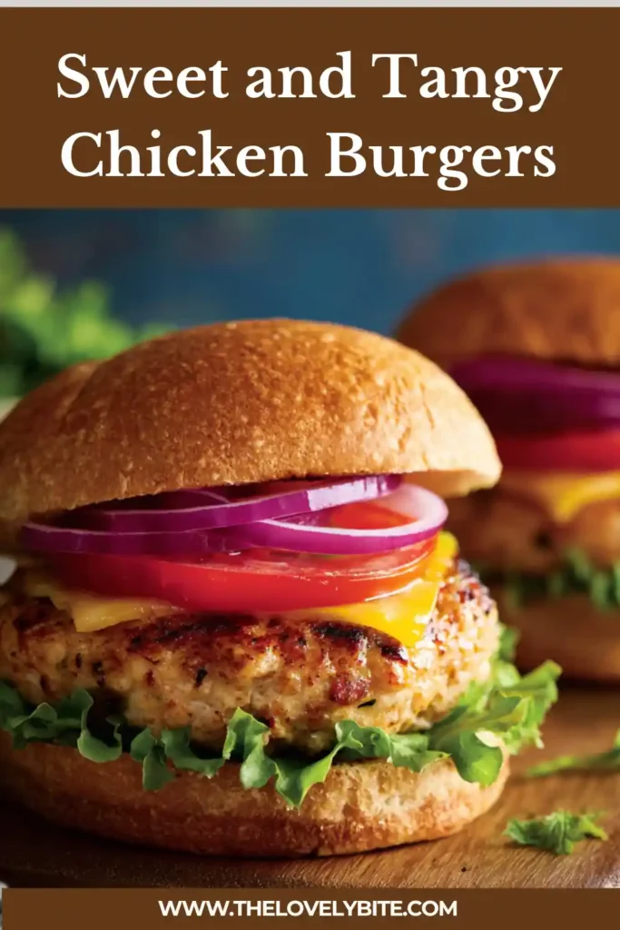 Juicy chicken burgers brushed with a glossy sweet and tangy sauce, layered with crisp vegetables in toasted buns. A fresh and healthy dinner option.
