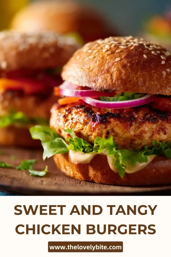 Close-up of sweet and tangy chicken burgers showing tender patties, vibrant toppings, and a shiny pomegranate glaze. Perfect for a quick meal.