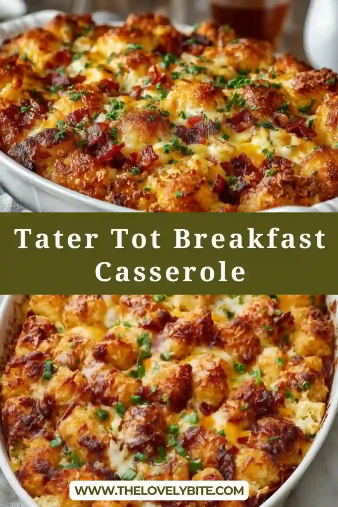 Close-up of a cheesy tater tot breakfast casserole slice showing layers of eggs, sausage, and crispy potatoes.