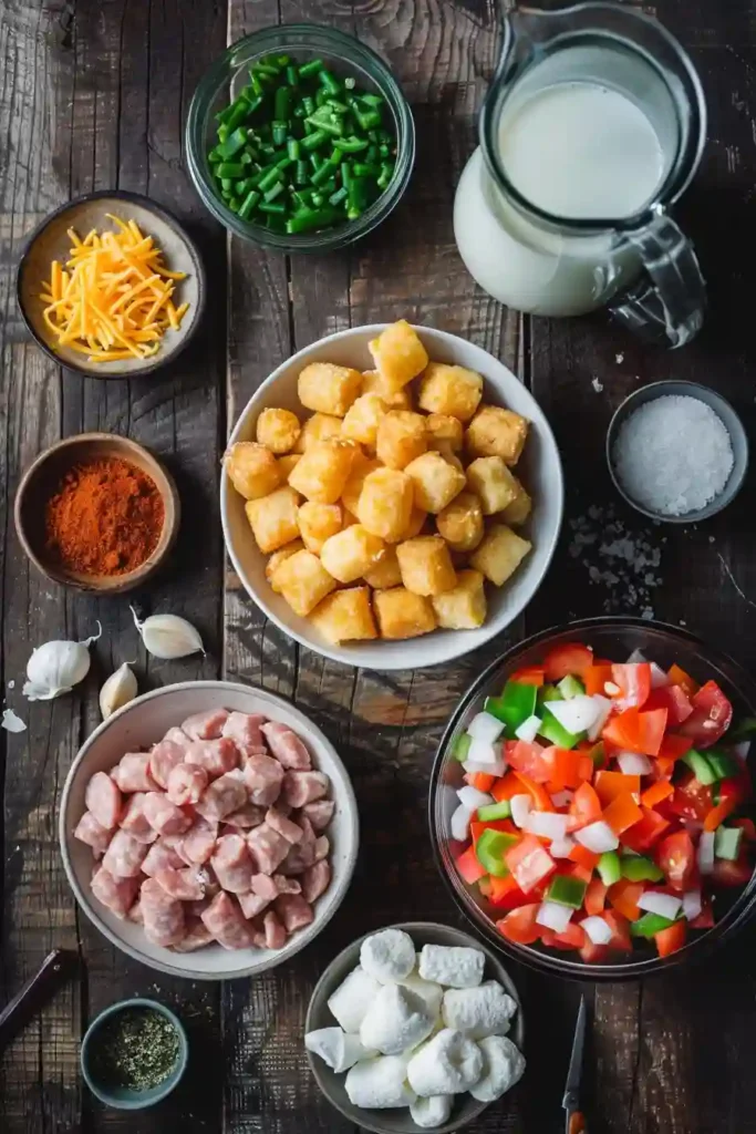 Serving of tater tot breakfast casserole topped with green onions and sour cream on a plate.