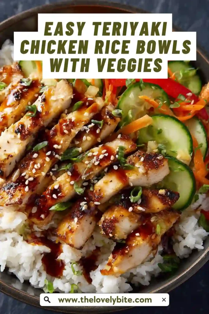 A healthy teriyaki chicken bowl topped with sesame seeds, featuring juicy chicken and crisp vegetables over rice.