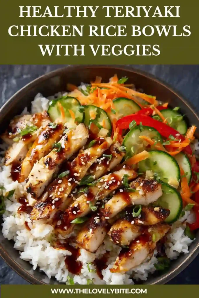 Homemade teriyaki chicken rice bowl with vibrant vegetables and glossy sauce, perfect for a balanced meal.