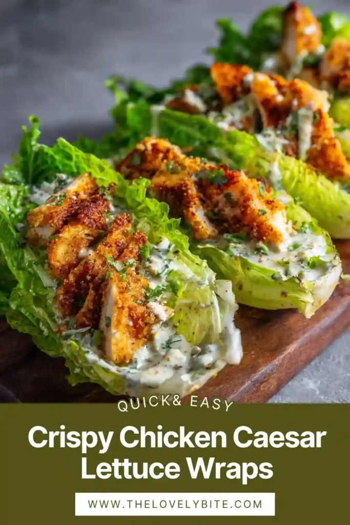 Crispy Chicken Caesar Lettuce Wraps served in fresh lettuce cups with parmesan crisps and creamy dressing, perfect for a low carb meal.