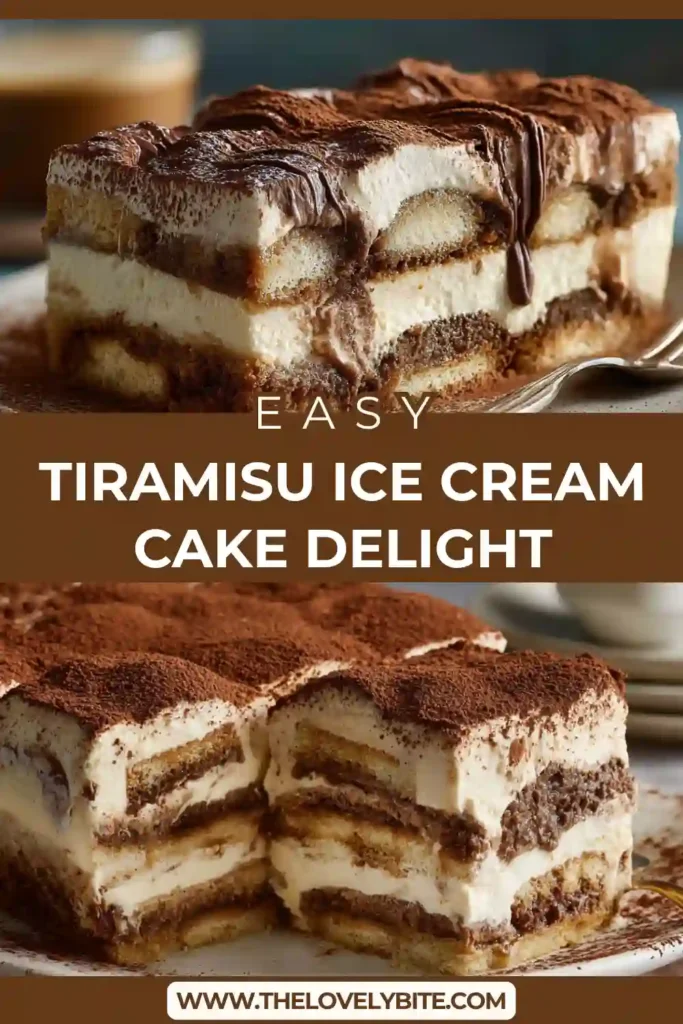 A layered tiramisu ice cream cake with coffee-soaked biscuits, caramel ice cream, and cocoa dusting on top. The texture looks creamy and rich with visible chocolate layers.