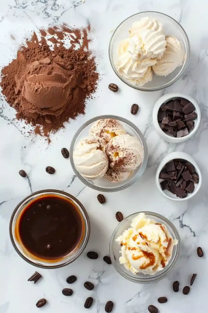 A loaf-style tiramisu ice cream cake served with chocolate sauce, showcasing layered frozen dessert with coffee flavors.
