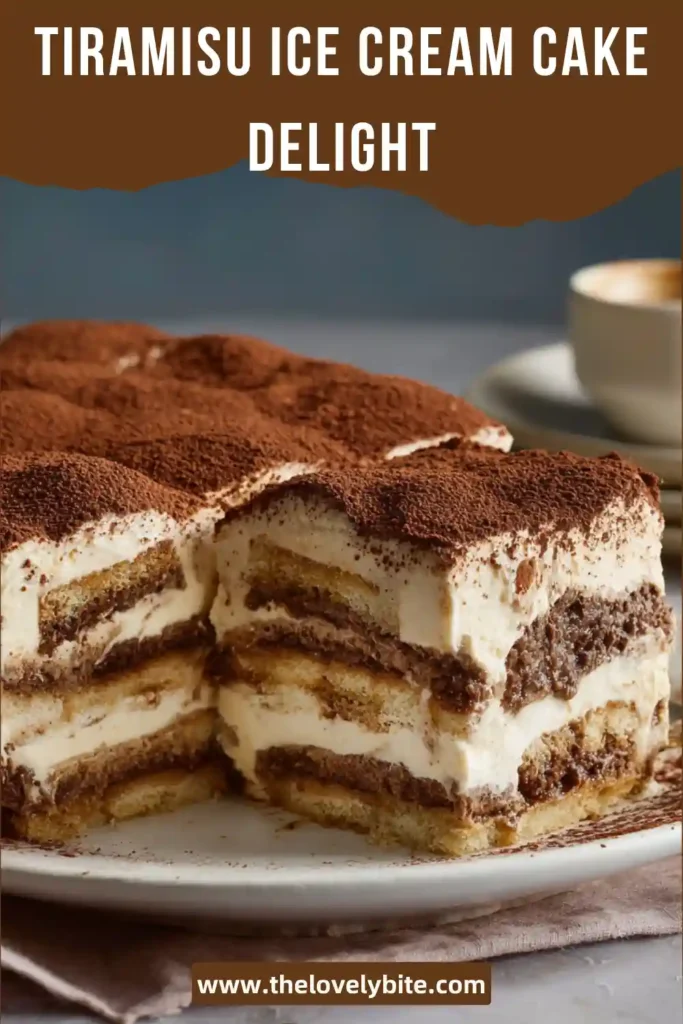 Frozen tiramisu ice cream cake sliced on a plate showing distinct layers of sponge fingers, coffee ice cream, and caramel filling.