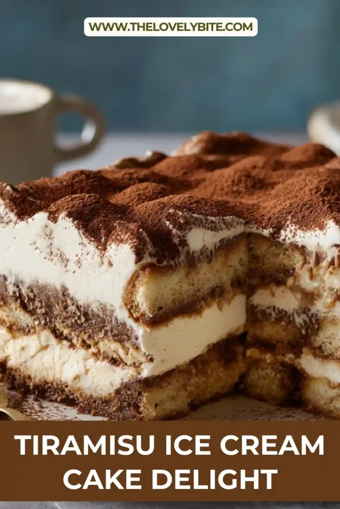 Close-up of tiramisu ice cream cake topped with cocoa powder and chocolate drizzle, highlighting creamy and smooth texture.