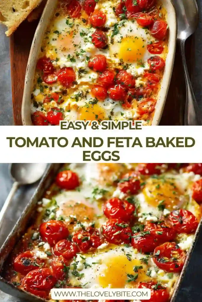 Tomato and Feta Baked Eggs served in a baking dish with roasted tomatoes, creamy feta, and fresh basil topping.