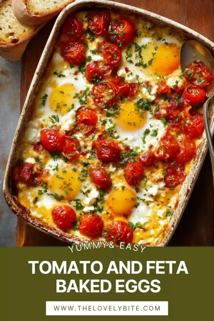 Close-up of baked eggs with feta cheese and juicy roasted tomatoes in a Mediterranean-style dish.