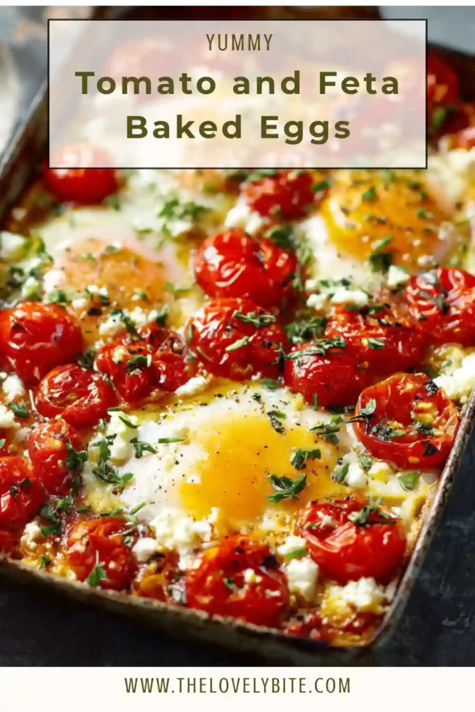 Oven-baked eggs with feta and tomatoes garnished with basil leaves in a rustic pan.