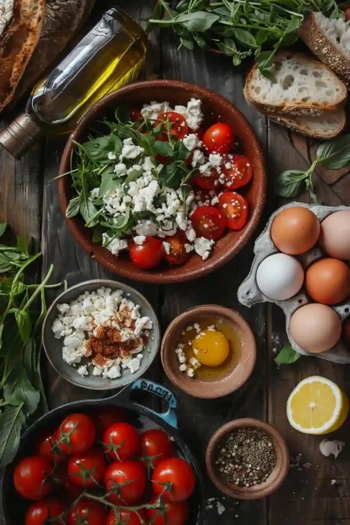 Healthy Tomato and Feta Baked Eggs with herbs and toasted bread on the side.