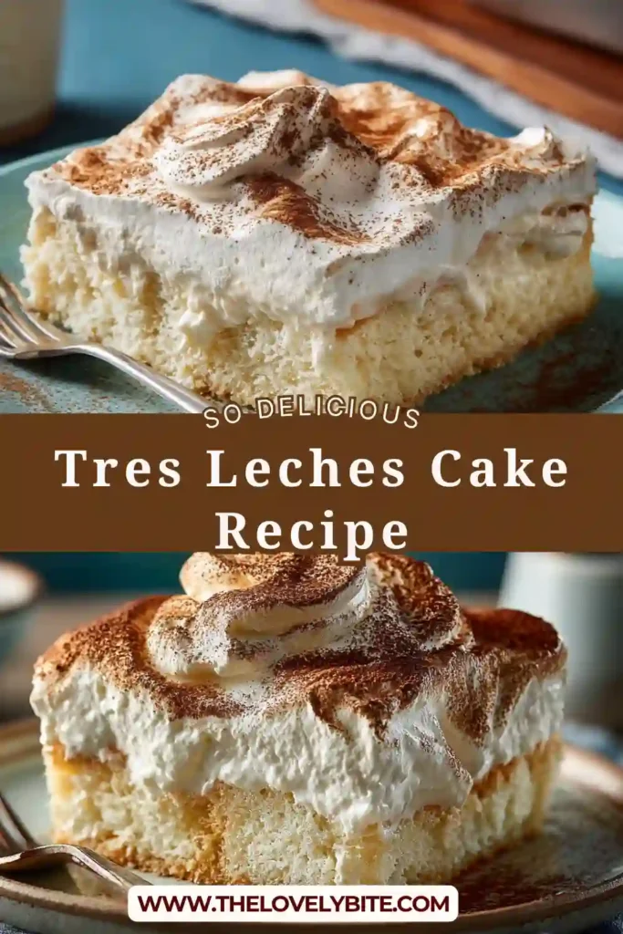 Close-up of Tres Leches Cake with creamy topping and soft sponge layers soaked in milk.