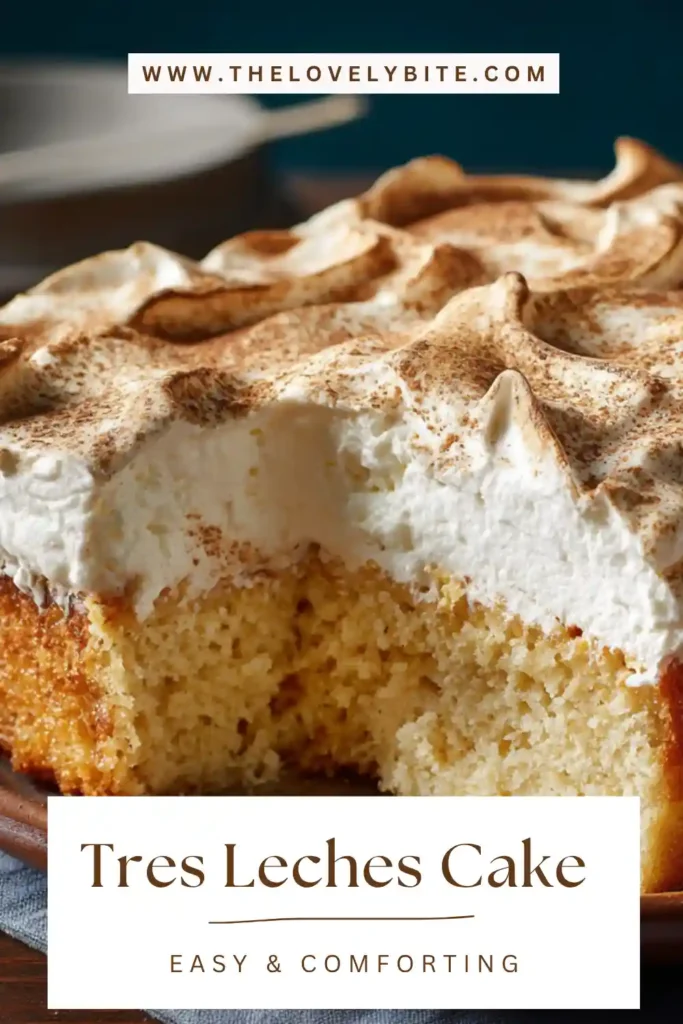 Homemade Tres Leches Cake in a baking dish with whipped cream spread evenly and sprinkled with cinnamon.