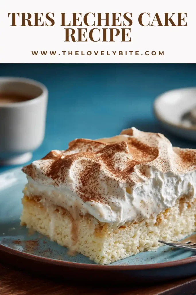 Light and fluffy Tres Leches Cake slice served chilled with rich milk-soaked texture visible.