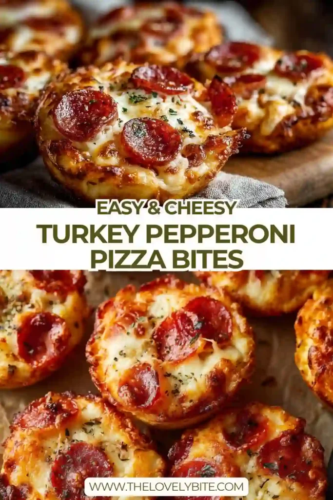 Close-up of Turkey Pepperoni Pizza Bites showing soft dough, melted cheese, and turkey pepperoni topping. A delicious bite-sized pizza recipe.