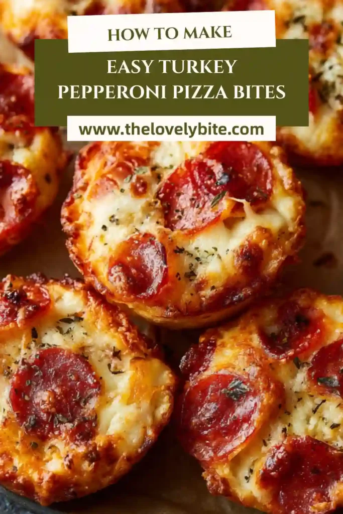 Homemade Turkey Pepperoni Pizza Bites arranged on a plate with crispy edges and gooey cheese. Ideal for parties or quick meals.