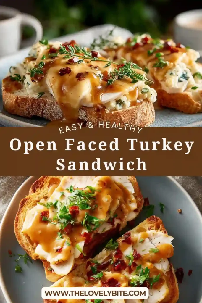 A warm open-faced turkey sandwich covered in rich brown gravy served on white bread, perfect comfort food for dinner.