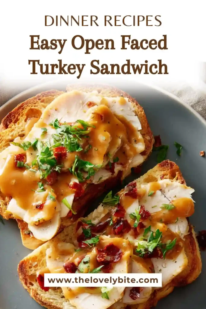 Close-up of sliced turkey layered over bread and topped with homemade gravy in this easy open-faced turkey sandwich recipe.