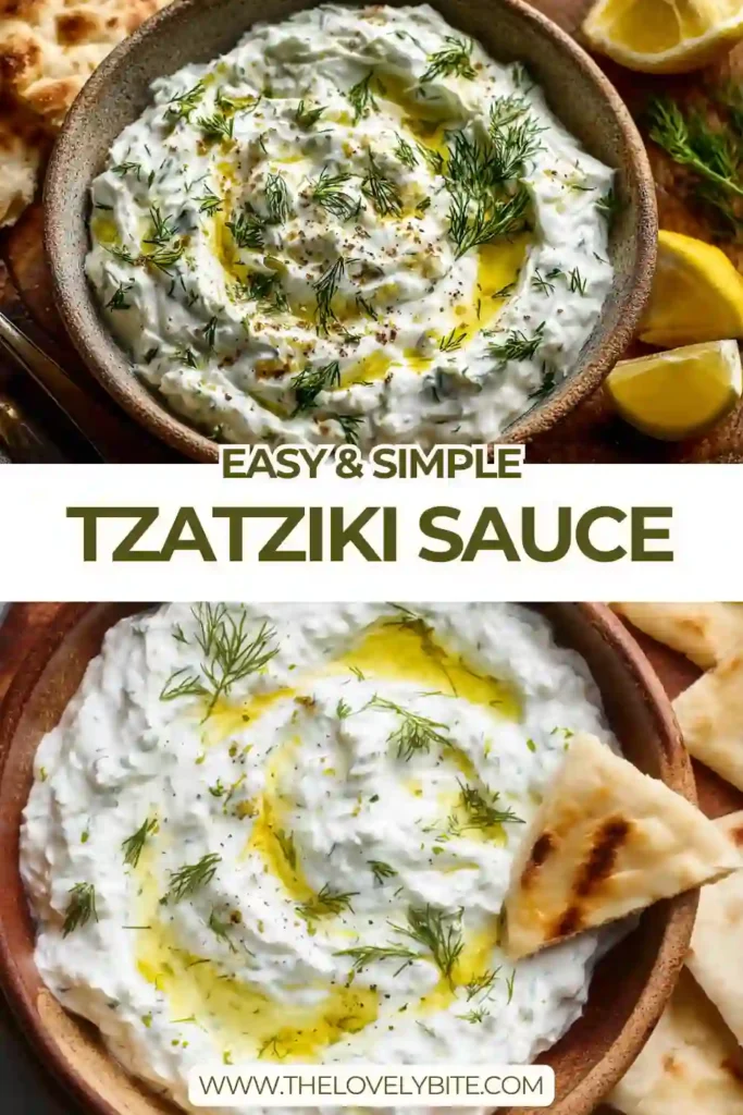 A bowl of creamy tzatziki recipe easy made with Greek yogurt, cucumber, garlic, and fresh herbs, drizzled with olive oil.