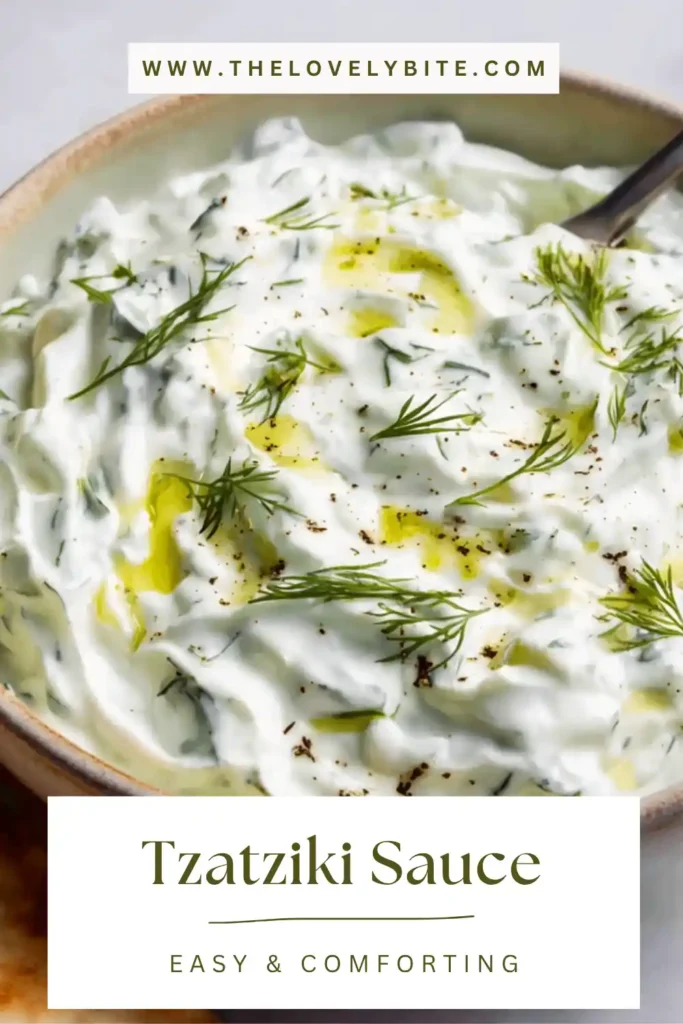 Close-up of homemade tzatziki recipe easy showing thick yogurt dip with dill and mint, perfect for serving.