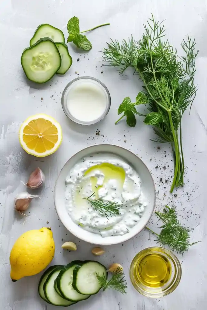 Creamy Greek yogurt dip tzatziki recipe easy styled with olive oil and herbs for a refreshing presentation.