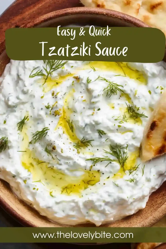 Fresh tzatziki recipe easy in a serving bowl with visible cucumber texture and herb garnish.