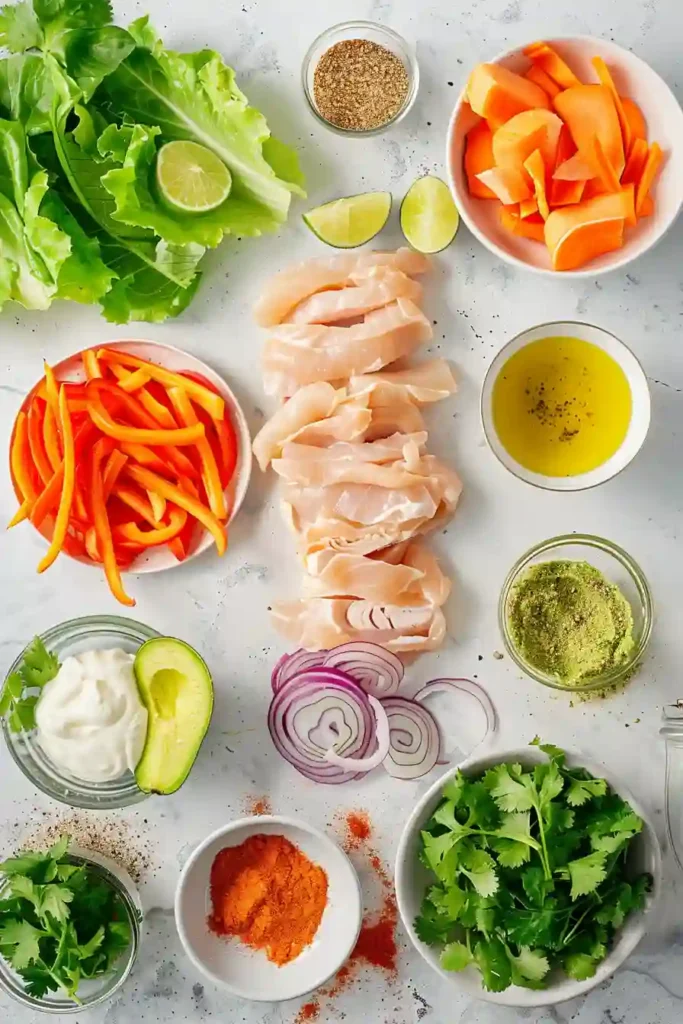 A close-up of a healthy chicken wrap filled with grilled chicken, lettuce, carrots, and avocado in a whole wheat tortilla. The wrap looks fresh and colorful with a creamy yogurt drizzle.
