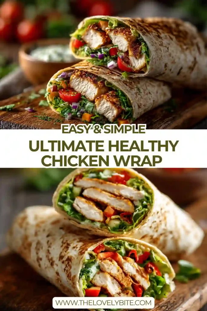 Sliced chicken wrap showing layers of juicy chicken, crisp vegetables, and smooth avocado wrapped in a soft tortilla. A perfect healthy meal option.