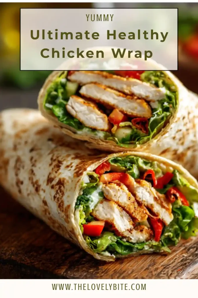 A nutritious chicken wrap packed with shredded lettuce, carrots, peppers, and seasoned chicken in a whole wheat wrap. Bright and wholesome presentation.