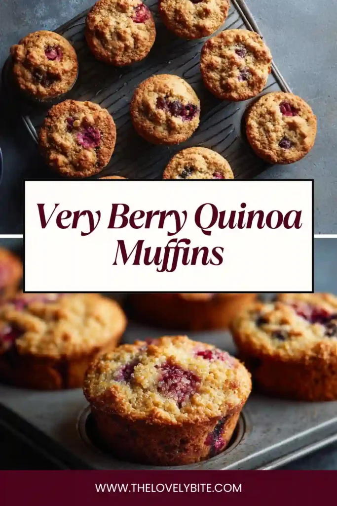 Homemade Very Berry Quinoa Muffins arranged on a plate, highlighting their golden tops and berry-filled interior.