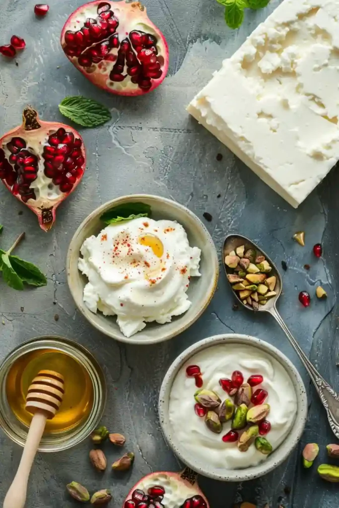 Smooth whipped feta dip with pistachios and yogurt, topped with crunchy nuts and juicy pomegranate seeds for a balanced appetizer.