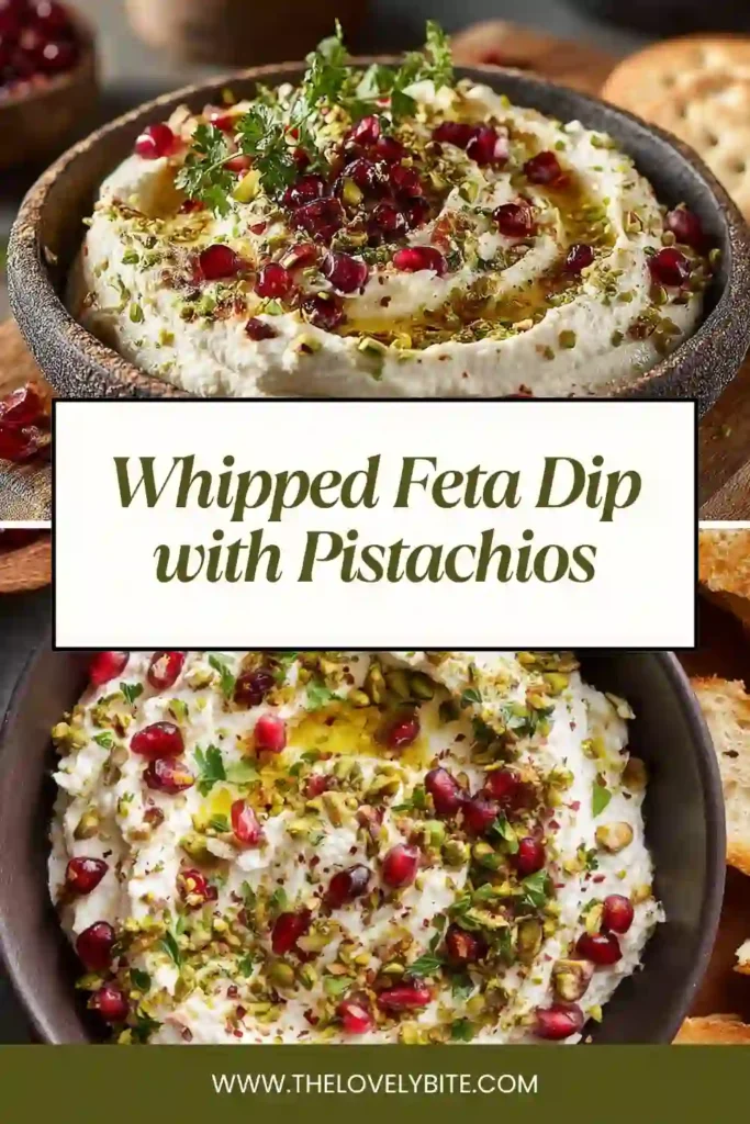 Close-up of whipped feta dip with pistachios and pomegranate, garnished with fresh mint and golden honey drizzle. A vibrant Mediterranean appetizer.