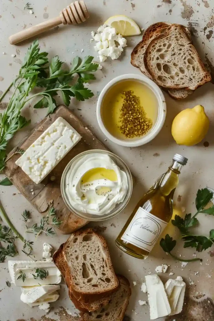 Smooth whipped feta mixture blended with yogurt and lemon zest, spread generously over crunchy toast.