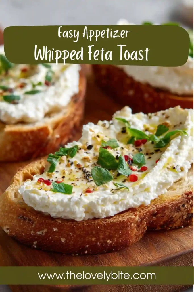 Close-up of whipped feta spread on toasted bread with honey drizzle and herbs, highlighting its rich and tangy consistency.