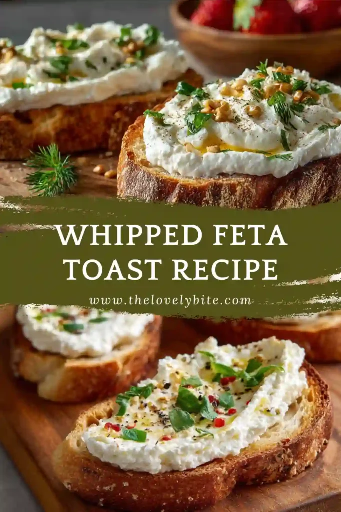 Rustic whipped feta toast recipe served on golden toasted slices with Mediterranean-style toppings.