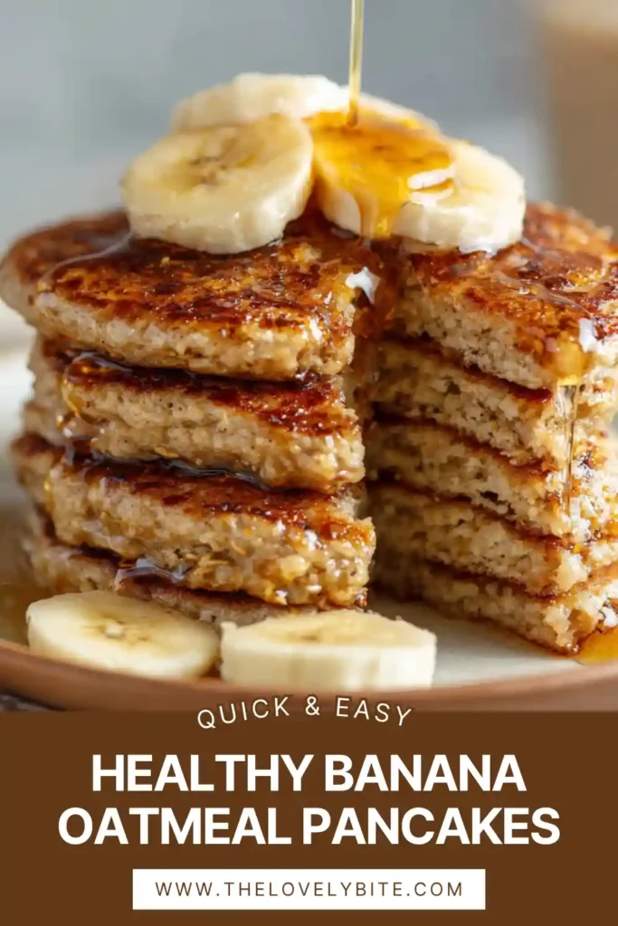 Close-up of Healthy Banana Oatmeal Pancakes showing soft interior and oat texture. Served with fresh fruit.