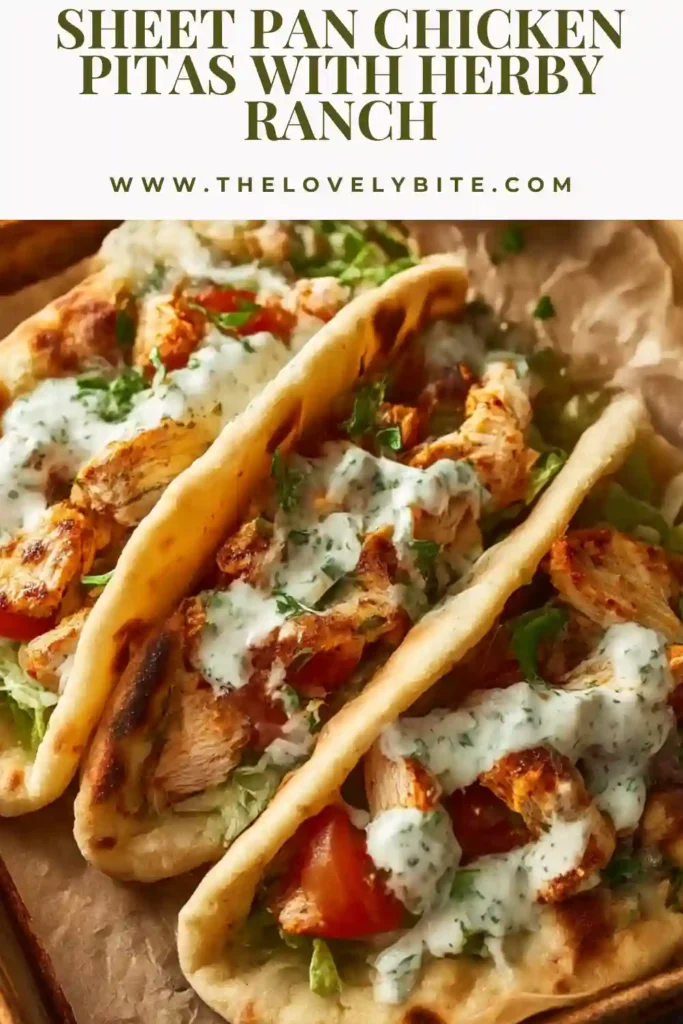 Homemade sheet pan chicken pitas served with lettuce, tomatoes, and herby ranch in soft pita bread. A balanced and flavorful meal.