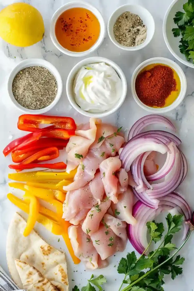 Sheet pan chicken pitas filled with roasted chicken, peppers, and creamy herby ranch sauce inside warm pita bread. The textures look fresh and vibrant.