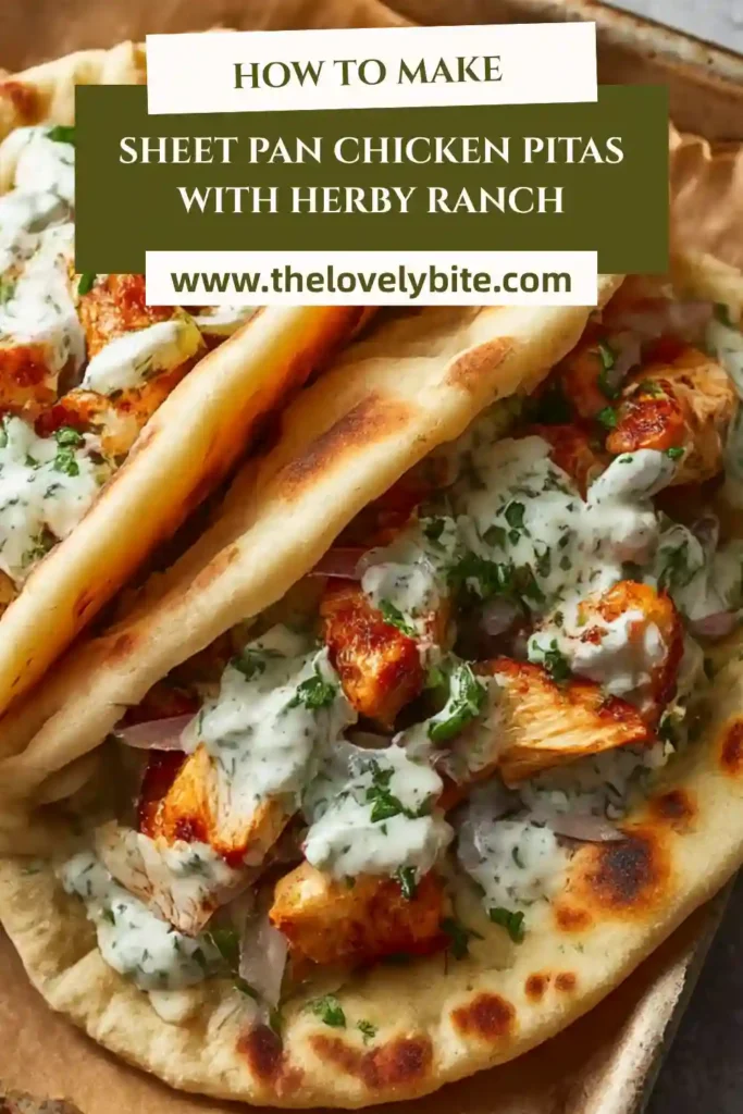 Close-up of chicken pita stuffed with juicy roasted chicken, colorful vegetables, and drizzled ranch dressing. Perfect quick dinner idea.