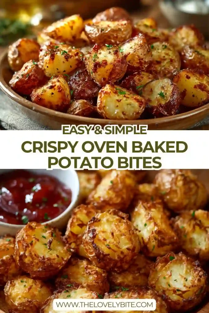 Crispy Oven Baked Potato Bites fresh from the oven with golden brown edges and fluffy centers. Perfect roasted potatoes for a simple side dish.