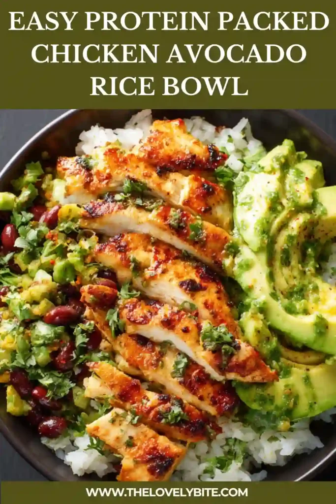 A vibrant protein-packed chicken avocado rice bowl with quinoa, black beans, and creamy avocado in a modern bowl.